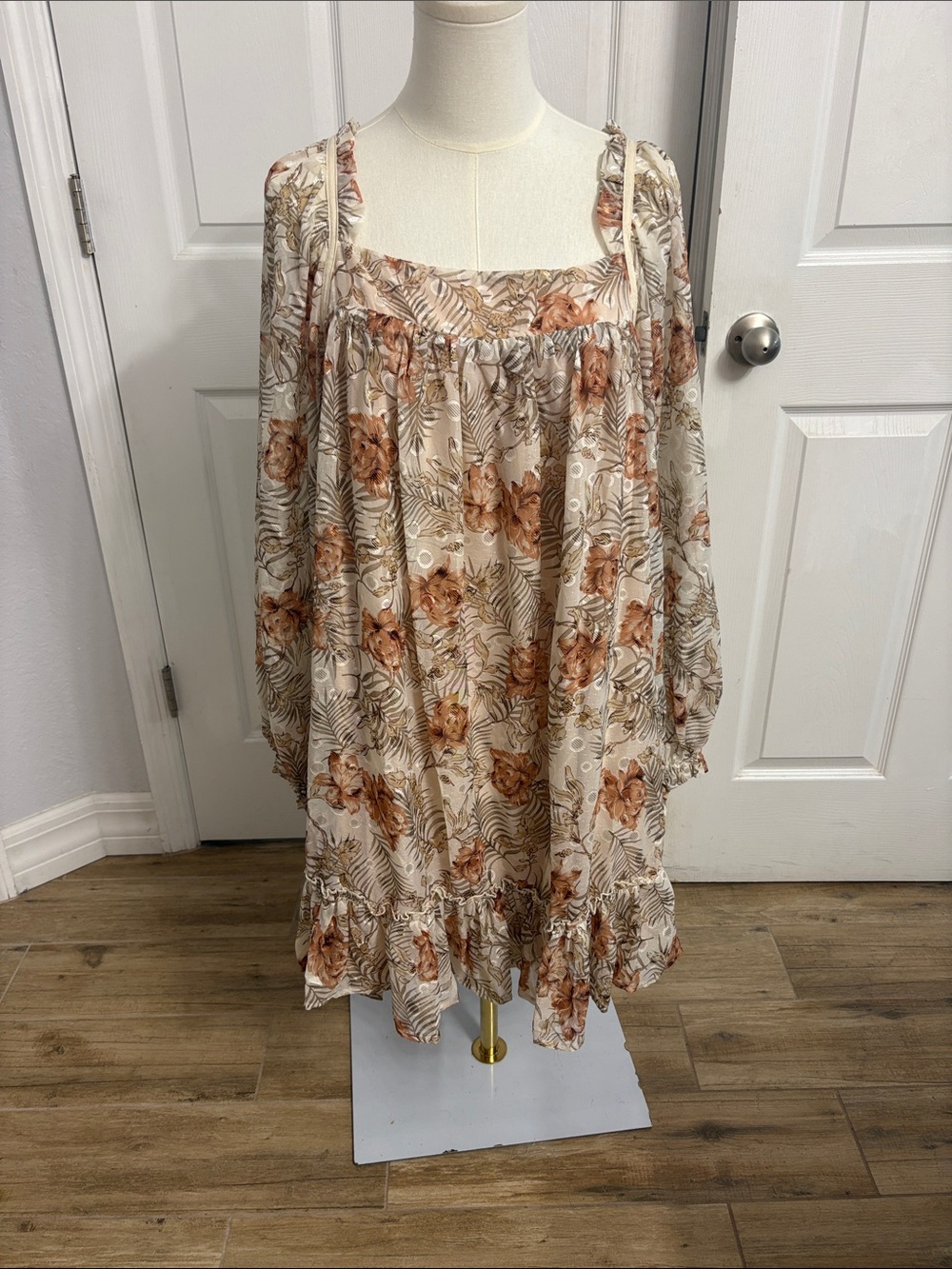 Boho Floral Peasant Dress in Cream and Rust